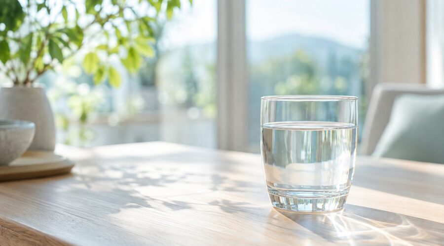 窓辺の光が差す水のグラス