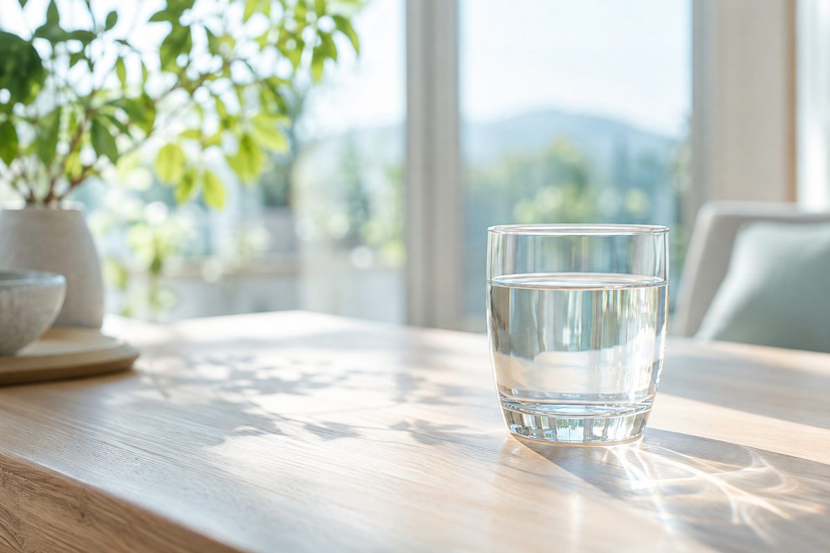 窓辺の光が差す水のグラス