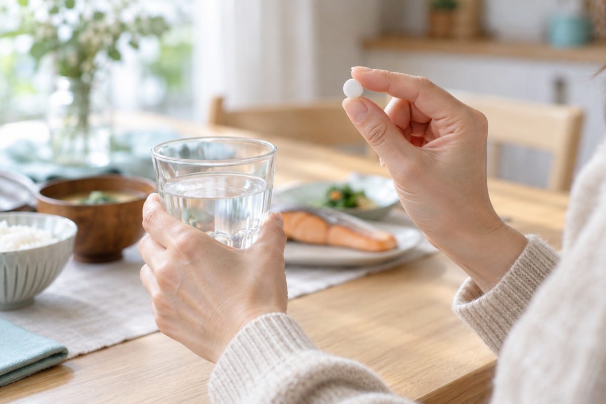 粒を指でつまみ、水のグラスを持つ手元