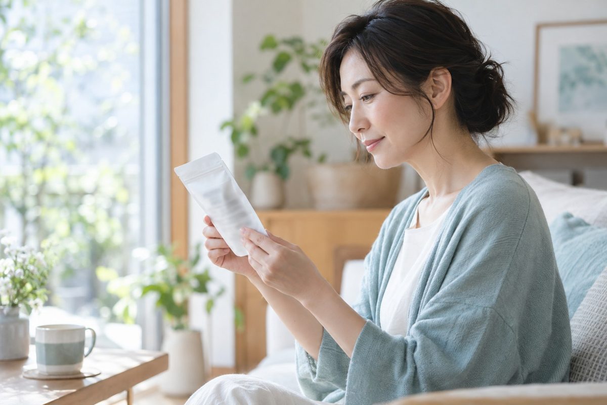 白い袋の裏の表示を読む女性