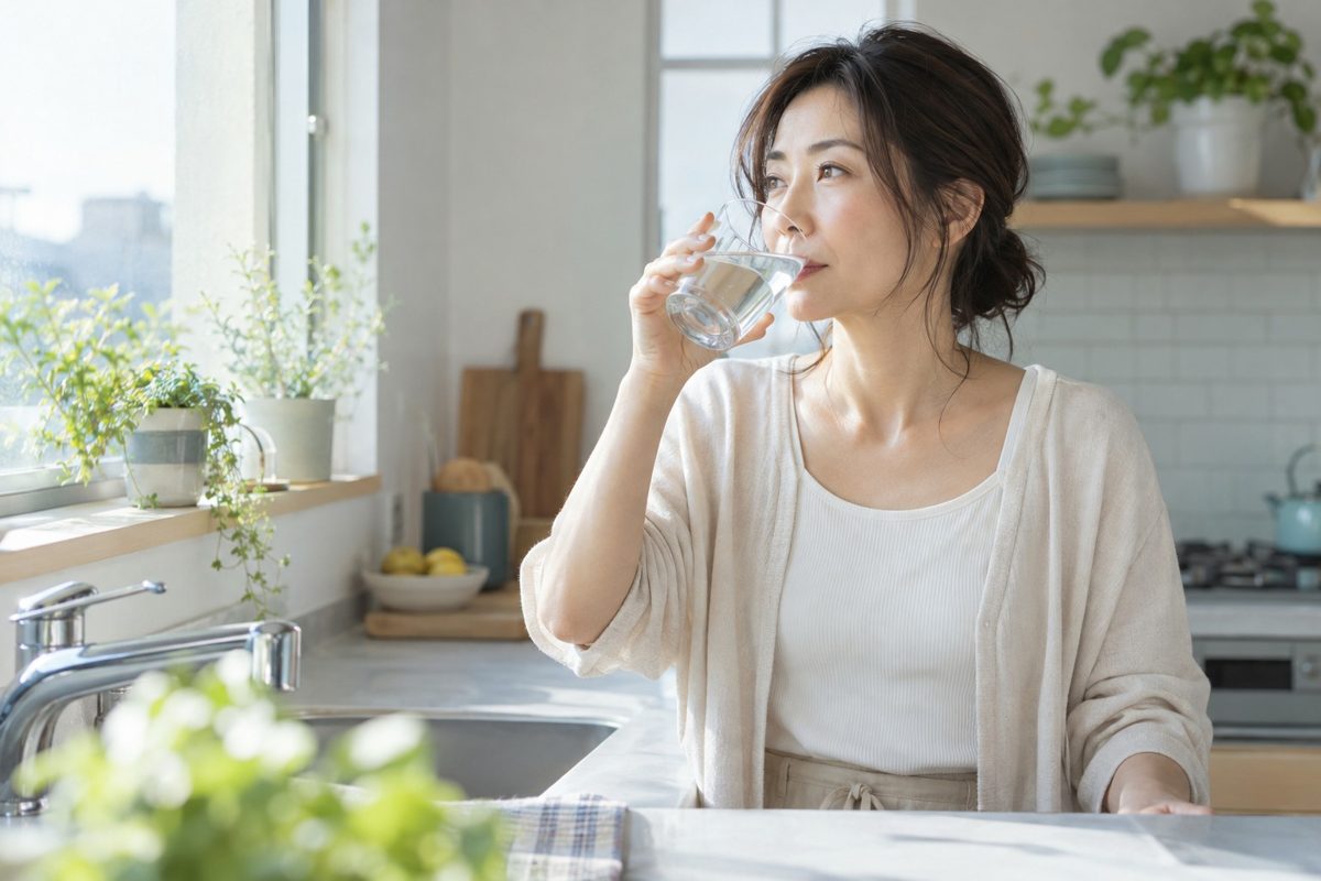 朝のキッチンで水を飲む女性